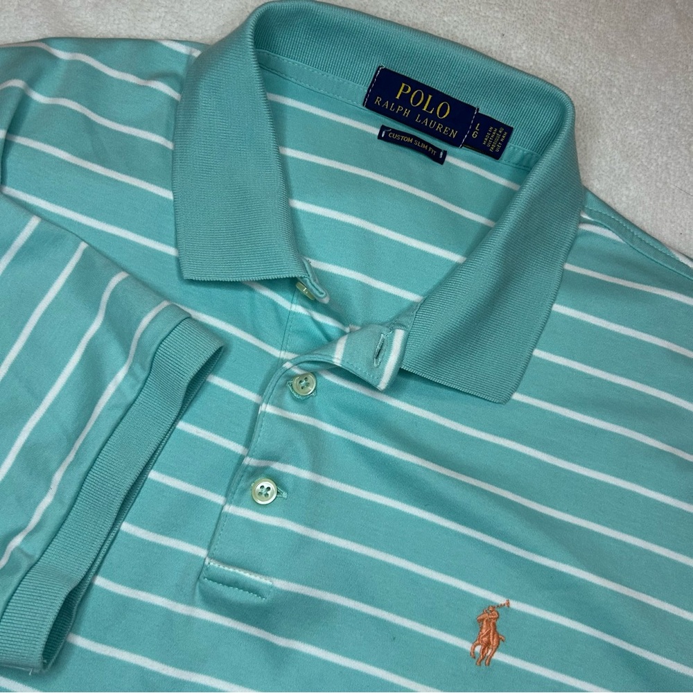 Polo by Ralph Lauren Men's Teal and White Striped Polo